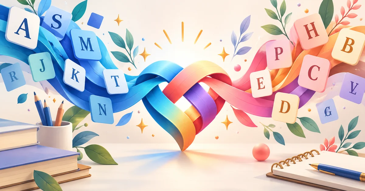 Creative visual of two colorful letter ribbons combining into one, representing how to mix two names
