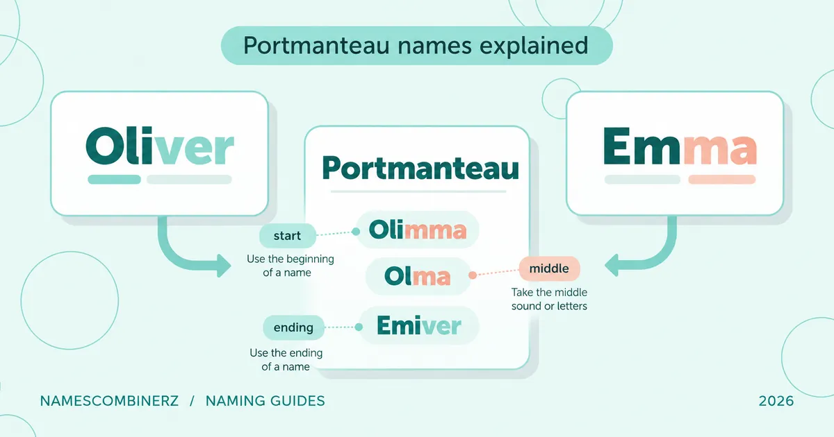 Portmanteau infographic illustrating blended words from Oliver and Emma